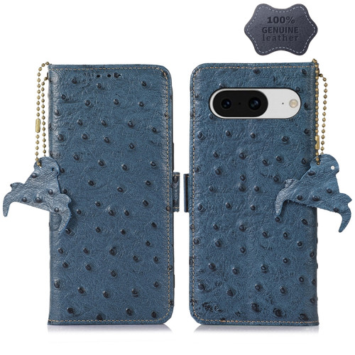 Google Pixel 8 Ostrich Pattern Genuine Leather RFID Phone Case - Blue