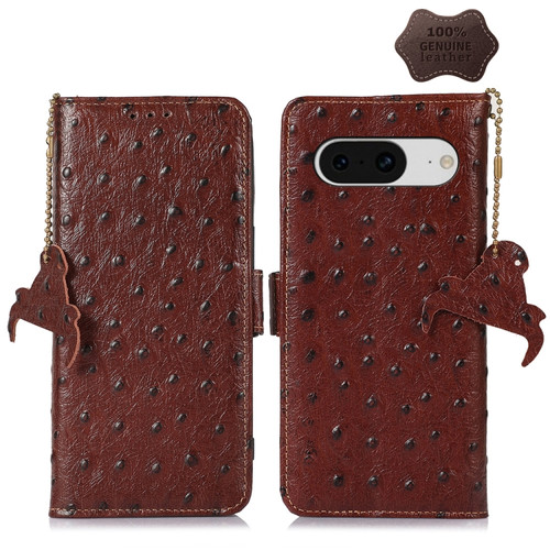 Google Pixel 8 Ostrich Pattern Genuine Leather RFID Phone Case - Coffee