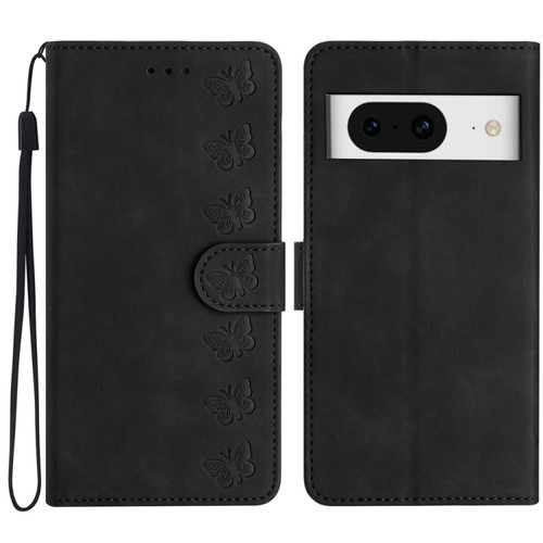 Google Pixel 8 Seven Butterflies Embossed Leather Phone Case - Black