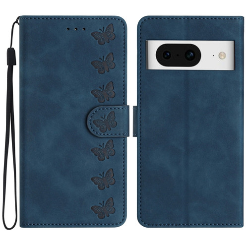 Google Pixel 8 Seven Butterflies Embossed Leather Phone Case - Blue