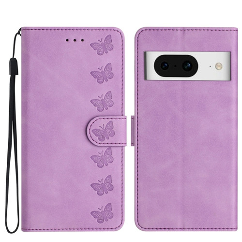 Google Pixel 8 Seven Butterflies Embossed Leather Phone Case - Purple