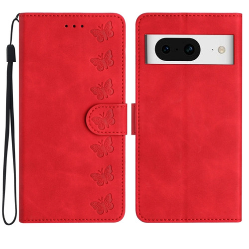 Google Pixel 8 Seven Butterflies Embossed Leather Phone Case - Red