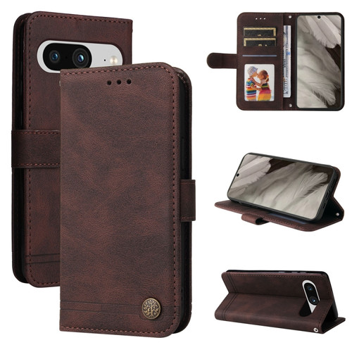 Google Pixel 8 Skin Feel Life Tree Metal Button Leather Phone Case - Brown