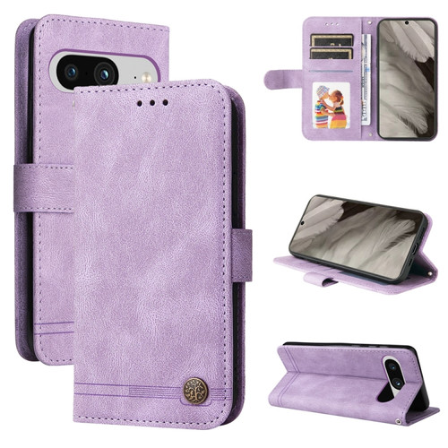 Google Pixel 8 Skin Feel Life Tree Metal Button Leather Phone Case - Purple