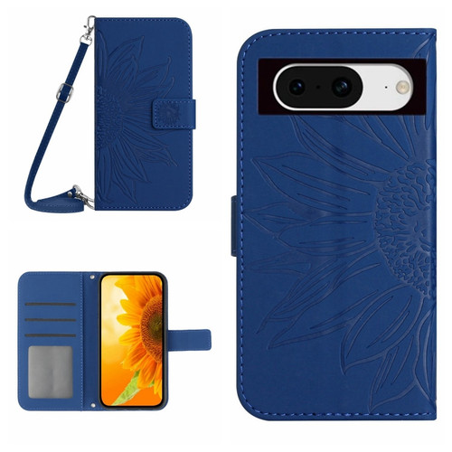 Google Pixel 8 Skin Feel Sun Flower Embossed Flip Leather Phone Case with Lanyard - Dark Blue