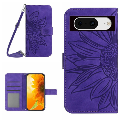 Google Pixel 8 Skin Feel Sun Flower Embossed Flip Leather Phone Case with Lanyard - Dark Purple