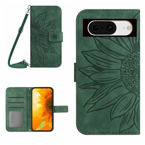 Google Pixel 8 Skin Feel Sun Flower Embossed Flip Leather Phone Case with Lanyard - Green
