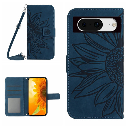 Google Pixel 8 Skin Feel Sun Flower Embossed Flip Leather Phone Case with Lanyard - Inky Blue