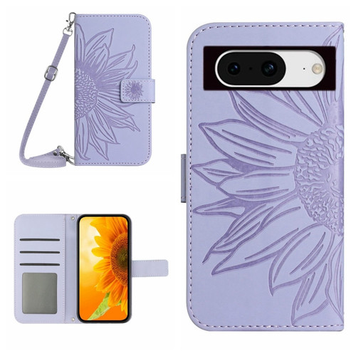 Google Pixel 8 Skin Feel Sun Flower Embossed Flip Leather Phone Case with Lanyard - Purple