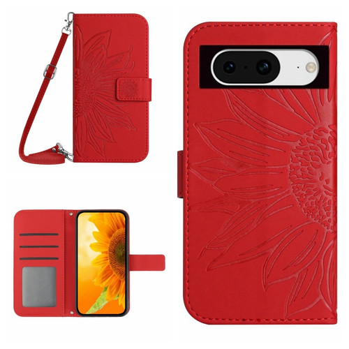 Google Pixel 8 Skin Feel Sun Flower Embossed Flip Leather Phone Case with Lanyard - Red