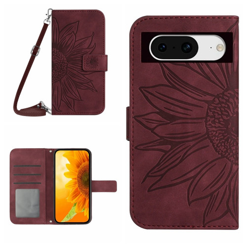 Google Pixel 8 Skin Feel Sun Flower Embossed Flip Leather Phone Case with Lanyard - Wine Red