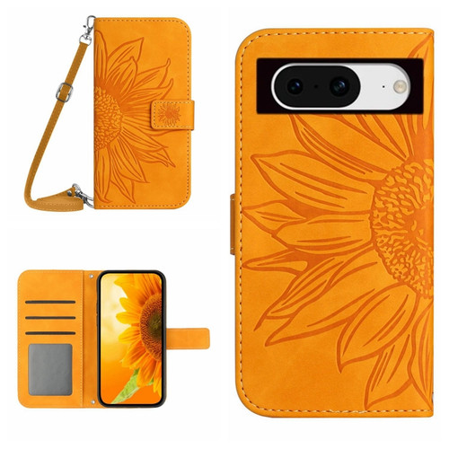 Google Pixel 8 Skin Feel Sun Flower Embossed Flip Leather Phone Case with Lanyard - Yellow