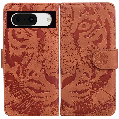 Google Pixel 8 Tiger Embossing Pattern Flip Leather Phone Case - Brown