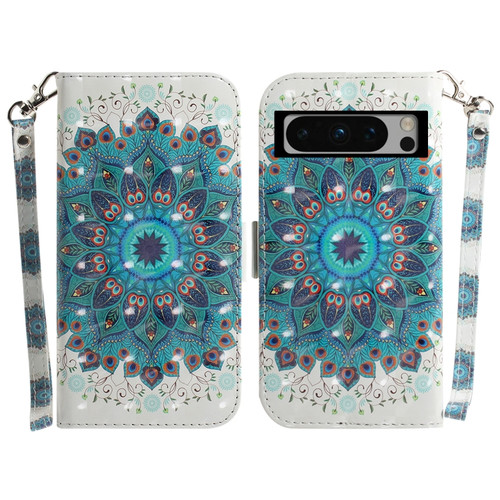 Google Pixel 8 Pro 3D Colored Horizontal Flip Leather Phone Case - Peacock Wreath