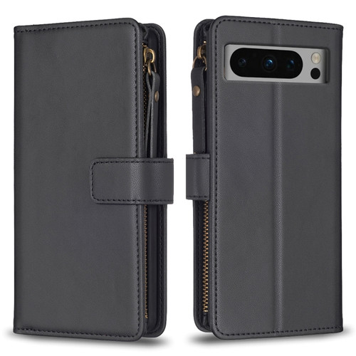 Google Pixel 8 Pro 9 Card Slots Zipper Wallet Leather Flip Phone Case - Black