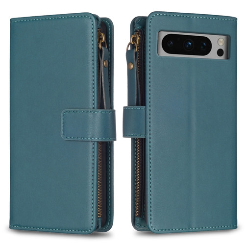 Google Pixel 8 Pro 9 Card Slots Zipper Wallet Leather Flip Phone Case - Green