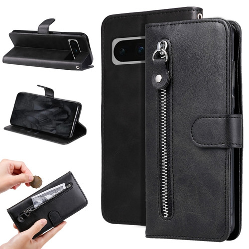 Google Pixel 8 Pro Fashion Calf Texture Zipper Leather Phone Case - Black