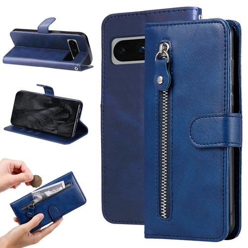 Google Pixel 8 Pro Fashion Calf Texture Zipper Leather Phone Case - Blue