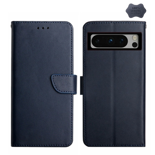 Google Pixel 8 Pro HT02 Genuine Leather Fingerprint-proof Flip Phone Case - Blue