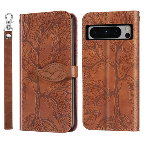 Google Pixel 8 Pro Life Tree Embossing Pattern Flip Leather Phone Case - Brown