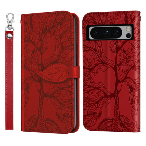 Google Pixel 8 Pro Life Tree Embossing Pattern Flip Leather Phone Case - Red