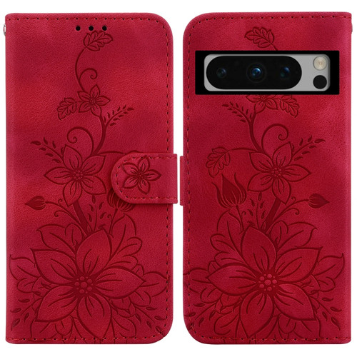 Google Pixel 8 Pro Lily Embossed Leather Phone Case - Red