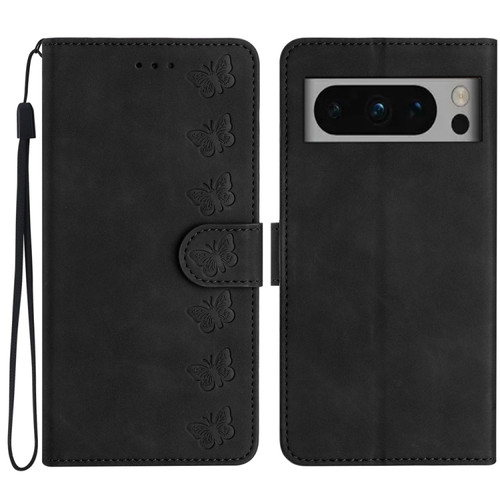 Google Pixel 8 Pro Seven Butterflies Embossed Leather Phone Case - Black