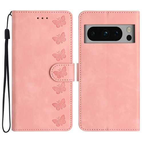 Google Pixel 8 Pro Seven Butterflies Embossed Leather Phone Case - Pink