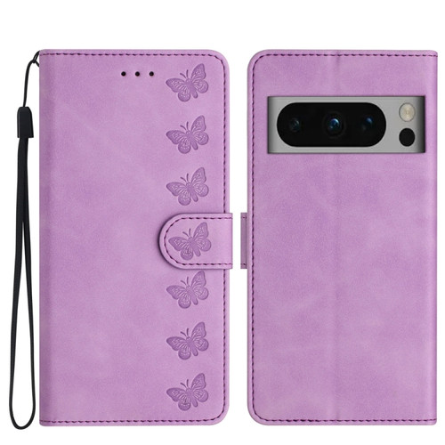 Google Pixel 8 Pro Seven Butterflies Embossed Leather Phone Case - Purple