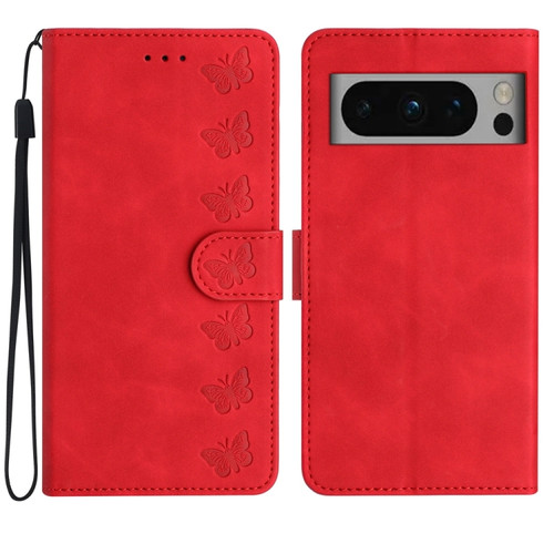 Google Pixel 8 Pro Seven Butterflies Embossed Leather Phone Case - Red