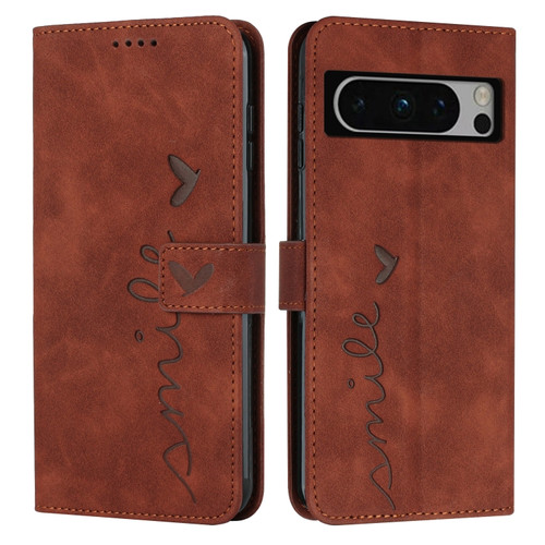 Google Pixel 8 Pro Skin Feel Heart Pattern Leather Phone Case - Brown