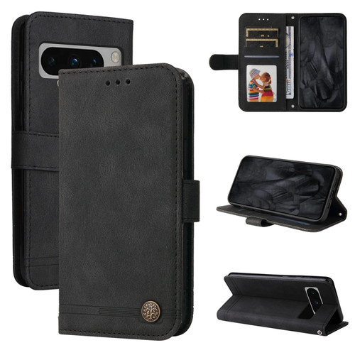 Google Pixel 8 Pro Skin Feel Life Tree Metal Button Leather Phone Case - Black