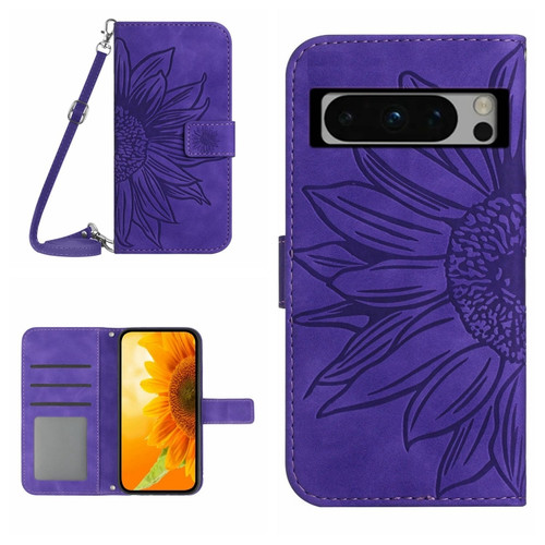 Google Pixel 8 Pro Skin Feel Sun Flower Embossed Flip Leather Phone Case with Lanyard - Dark Purple
