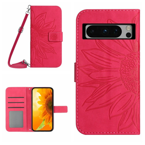 Google Pixel 8 Pro Skin Feel Sun Flower Embossed Flip Leather Phone Case with Lanyard - Rose Red