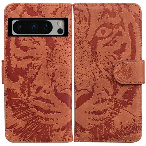 Google Pixel 8 Pro Tiger Embossing Pattern Flip Leather Phone Case - Brown