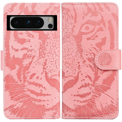 Google Pixel 8 Pro Tiger Embossing Pattern Flip Leather Phone Case - Pink