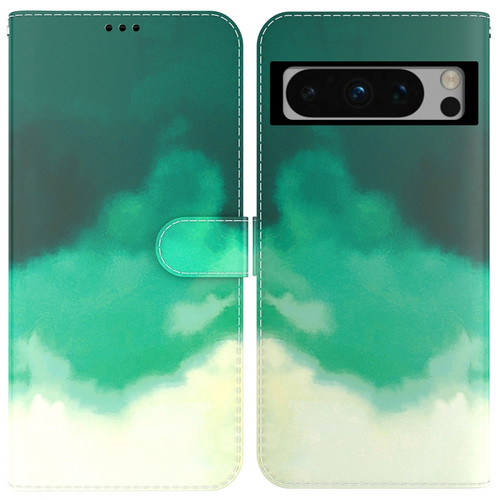 Google Pixel 8 Pro Watercolor Pattern Flip Leather Phone Case - Cyan Green