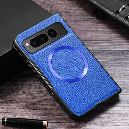 Google Pixel Fold Cross Texture PU MagSafe Magnetic Phone Case - Blue