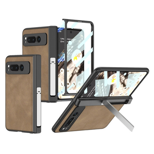Google Pixel Fold GKK Integrated Frosted Fold Hinge Leather Phone Case with Holder - Brown