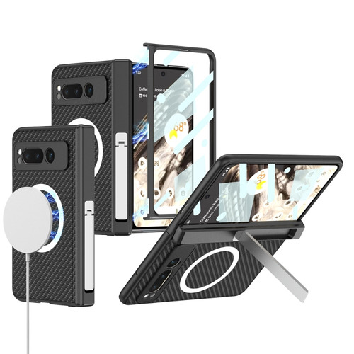 Google Pixel Fold GKK Integrated Magsafe Fold Hinge Full Coverage Leather Phone Case with Holder - Carbon Fibre Black