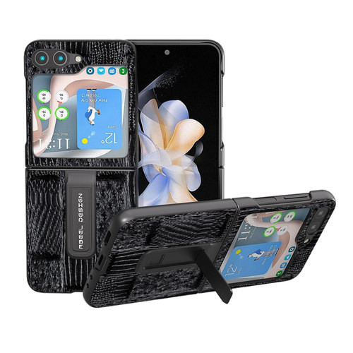 Samsung Galaxy Z Flip5 ABEEL Genuine Leather Mahjong Texture Series Phone Case with Holder - Black