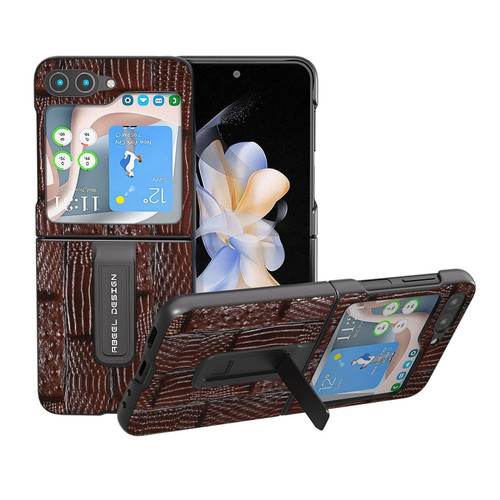 Samsung Galaxy Z Flip5 ABEEL Genuine Leather Mahjong Texture Series Phone Case with Holder - Brown