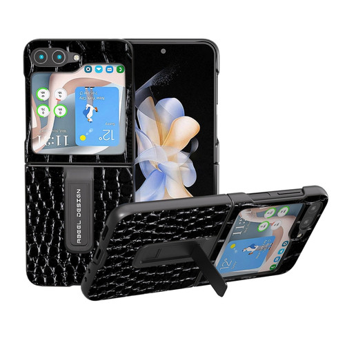 Samsung Galaxy Z Flip5 ABEEL Genuine Leather Crocodile Pattern Phone Case with Holder - Black