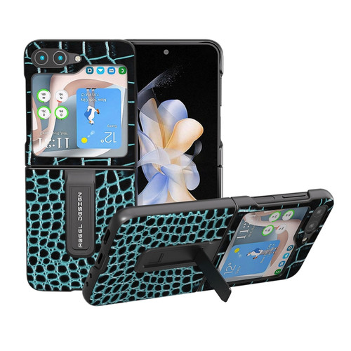 Samsung Galaxy Z Flip5 ABEEL Genuine Leather Crocodile Pattern Phone Case with Holder - Blue