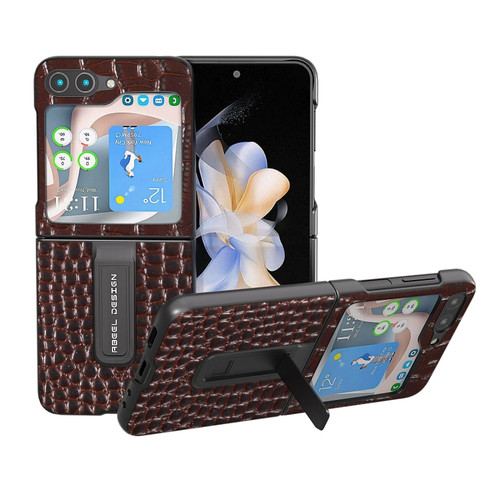 Samsung Galaxy Z Flip5 ABEEL Genuine Leather Crocodile Pattern Phone Case with Holder - Coffee