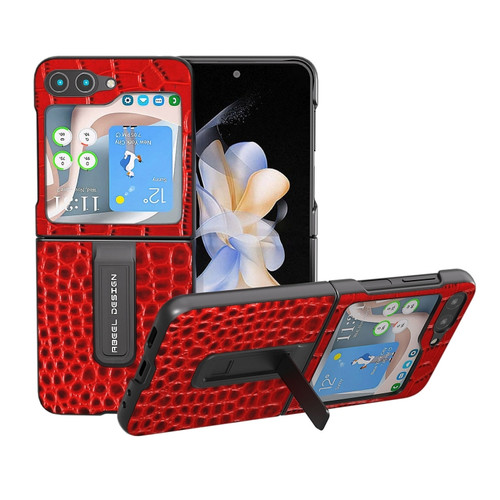 Samsung Galaxy Z Flip5 ABEEL Genuine Leather Crocodile Pattern Phone Case with Holder - Red
