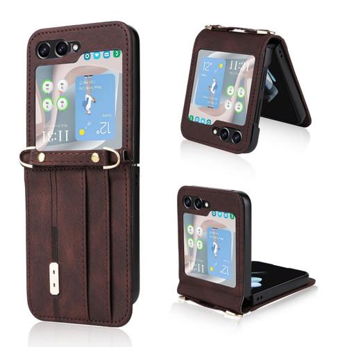 Samsung Galaxy Z Flip5 5G Crossbody Siamese Leather Phone Case with Lanyard - Brown