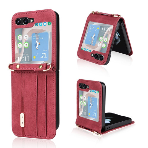 Samsung Galaxy Z Flip5 5G Crossbody Siamese Leather Phone Case with Lanyard - Red