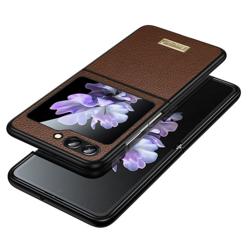 Samsung Galaxy Z Flip5 SULADA Shockproof TPU + Litchi Texture Leather Phone Case - Brown