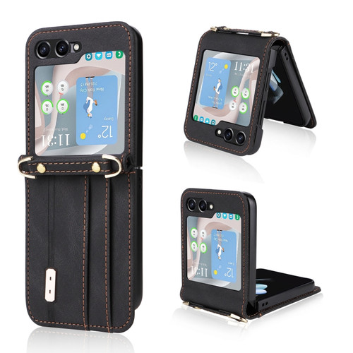 Samsung Galaxy Z Flip5 5G Crossbody Siamese Leather Phone Case with Lanyard - Black